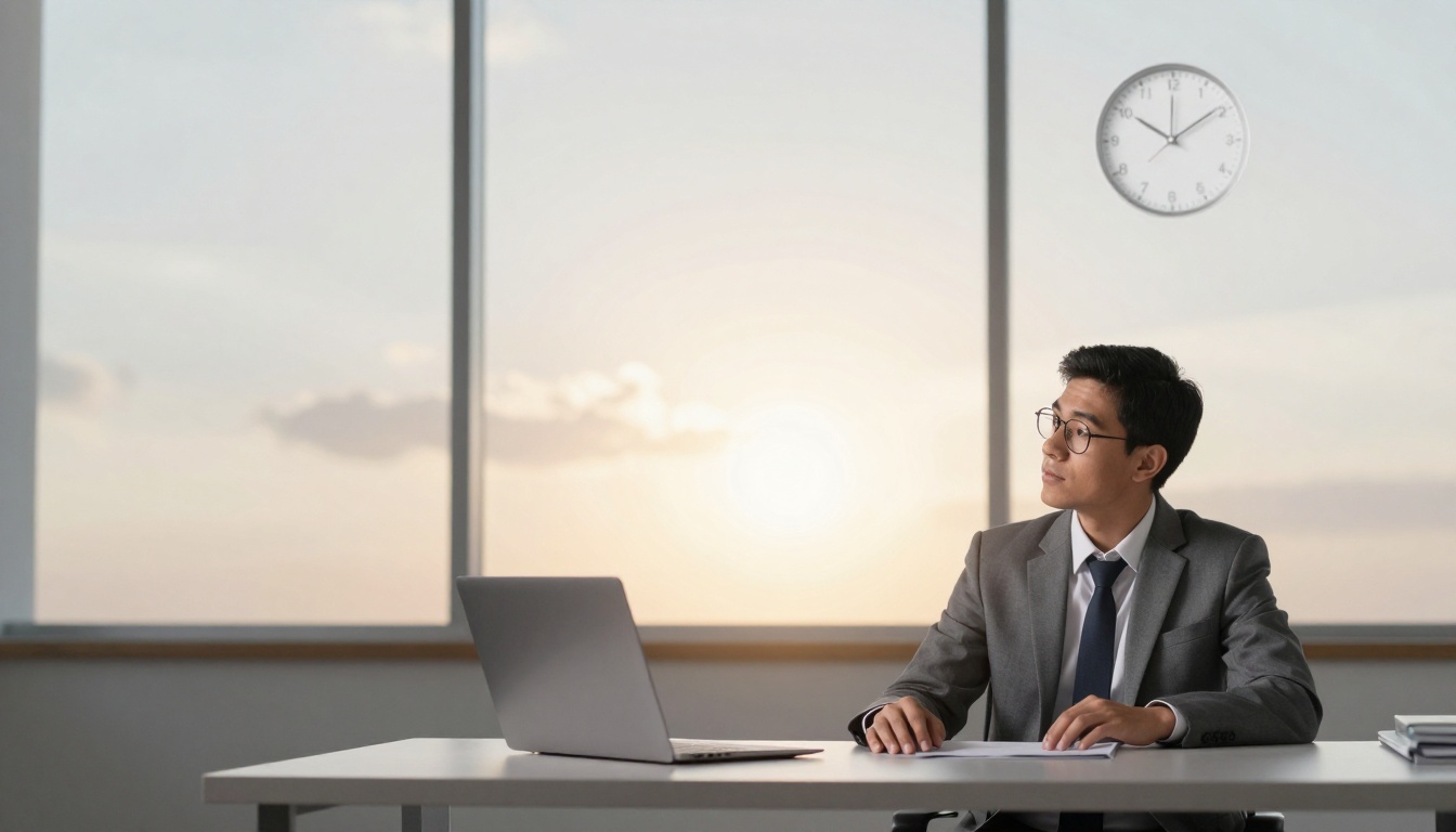 A man in a suit and glasses sits at a desk with a laptop and papers, gazing out a large window at sunset. A clock is on the wall.