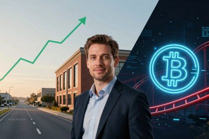 A man in a suit stands in front of a brick building on a street with a green upward arrow in the sky. To the right, a digital Bitcoin symbol and a red roller coaster track are visible against a dark background.