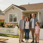 A family of four stands smiling in front of a white picket fence and a beige house with a brown roof. Pink flowers line the fence. Three children play on the sidewalk nearby.
