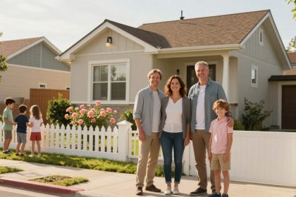 A family of four stands smiling in front of a white picket fence and a beige house with a brown roof. Pink flowers line the fence. Three children play on the sidewalk nearby.