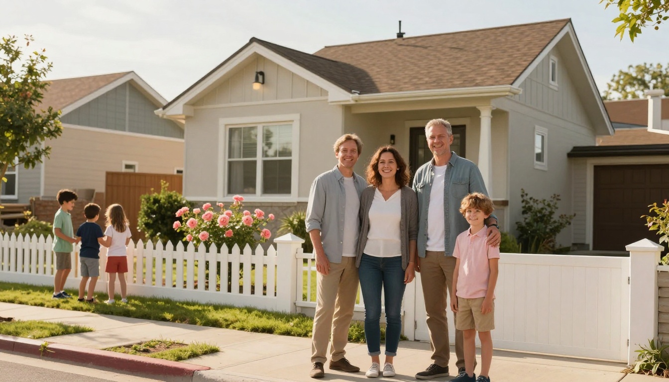 A family of four stands smiling in front of a white picket fence and a beige house with a brown roof. Pink flowers line the fence. Three children play on the sidewalk nearby.