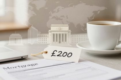 A mortgage document and a laptop are on a table. A tag labeled "£200" is placed on the document. A cup of coffee sits nearby. In the background, a faded image of classical buildings and a world map are visible.