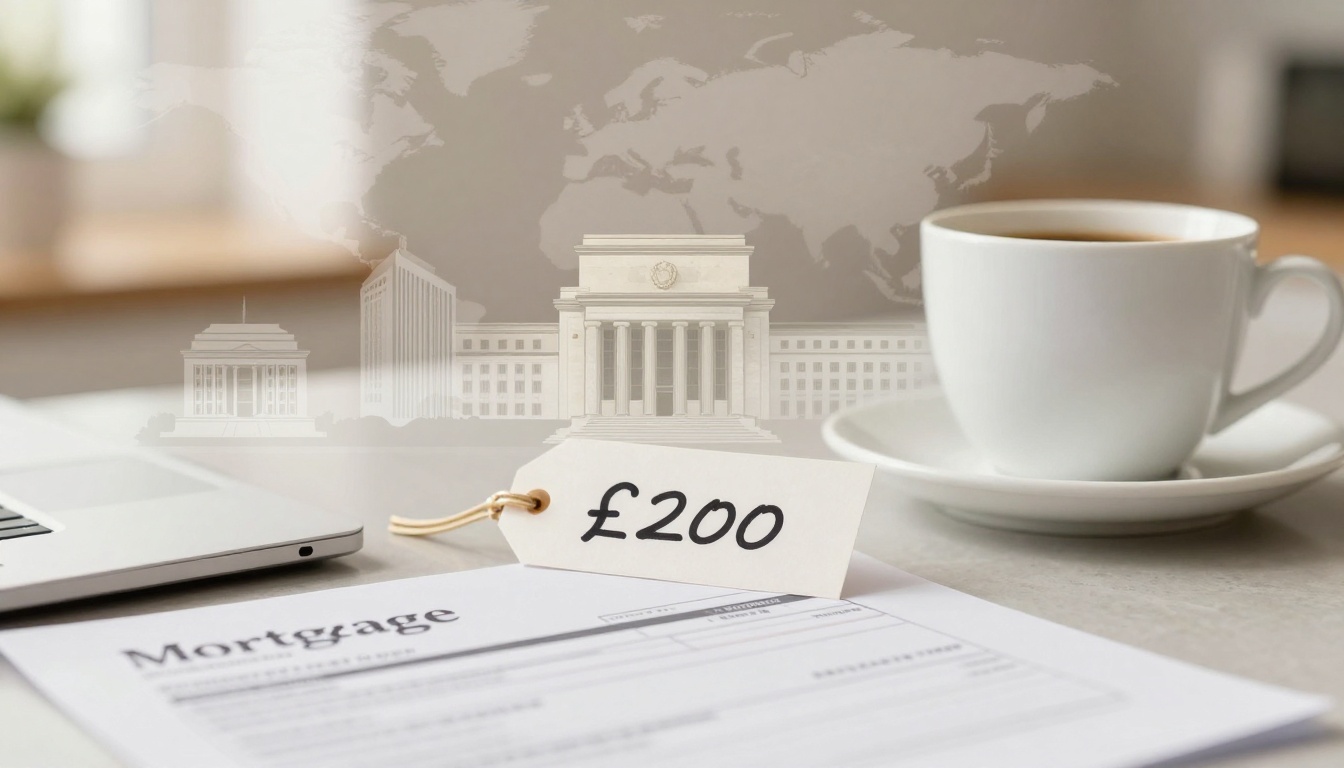 A mortgage document and a laptop are on a table. A tag labeled "£200" is placed on the document. A cup of coffee sits nearby. In the background, a faded image of classical buildings and a world map are visible.
