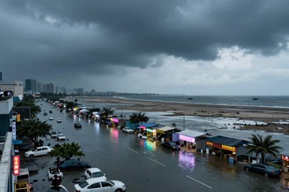 Flooded coastal street lined with cars and lit stalls. Overcast sky and distant city skyline. Beach and ocean visible to the right.
