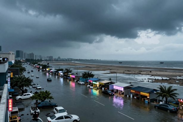 Flooded coastal street lined with cars and lit stalls. Overcast sky and distant city skyline. Beach and ocean visible to the right.