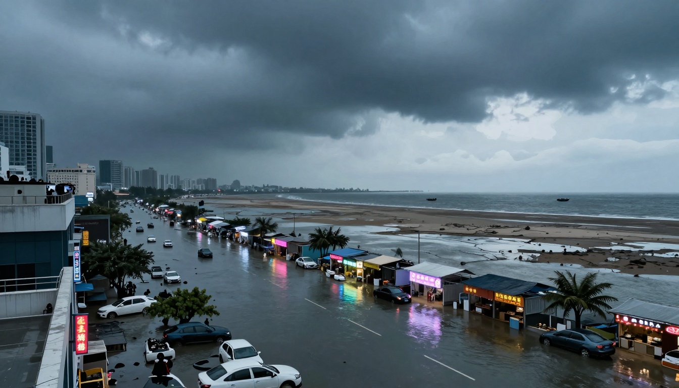 Flooded coastal street lined with cars and lit stalls. Overcast sky and distant city skyline. Beach and ocean visible to the right.