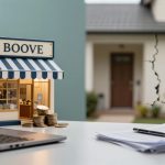 A miniature model of a shop labeled "BOOVE" with a striped awning is on a table. Coins are stacked nearby. A laptop is partially visible on the left. On the right, documents labeled "DEWINS" with a pen are next to the shop model. A blurred house with a visible crack is in the background.