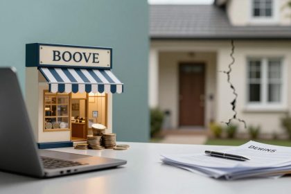 A miniature model of a shop labeled "BOOVE" with a striped awning is on a table. Coins are stacked nearby. A laptop is partially visible on the left. On the right, documents labeled "DEWINS" with a pen are next to the shop model. A blurred house with a visible crack is in the background.