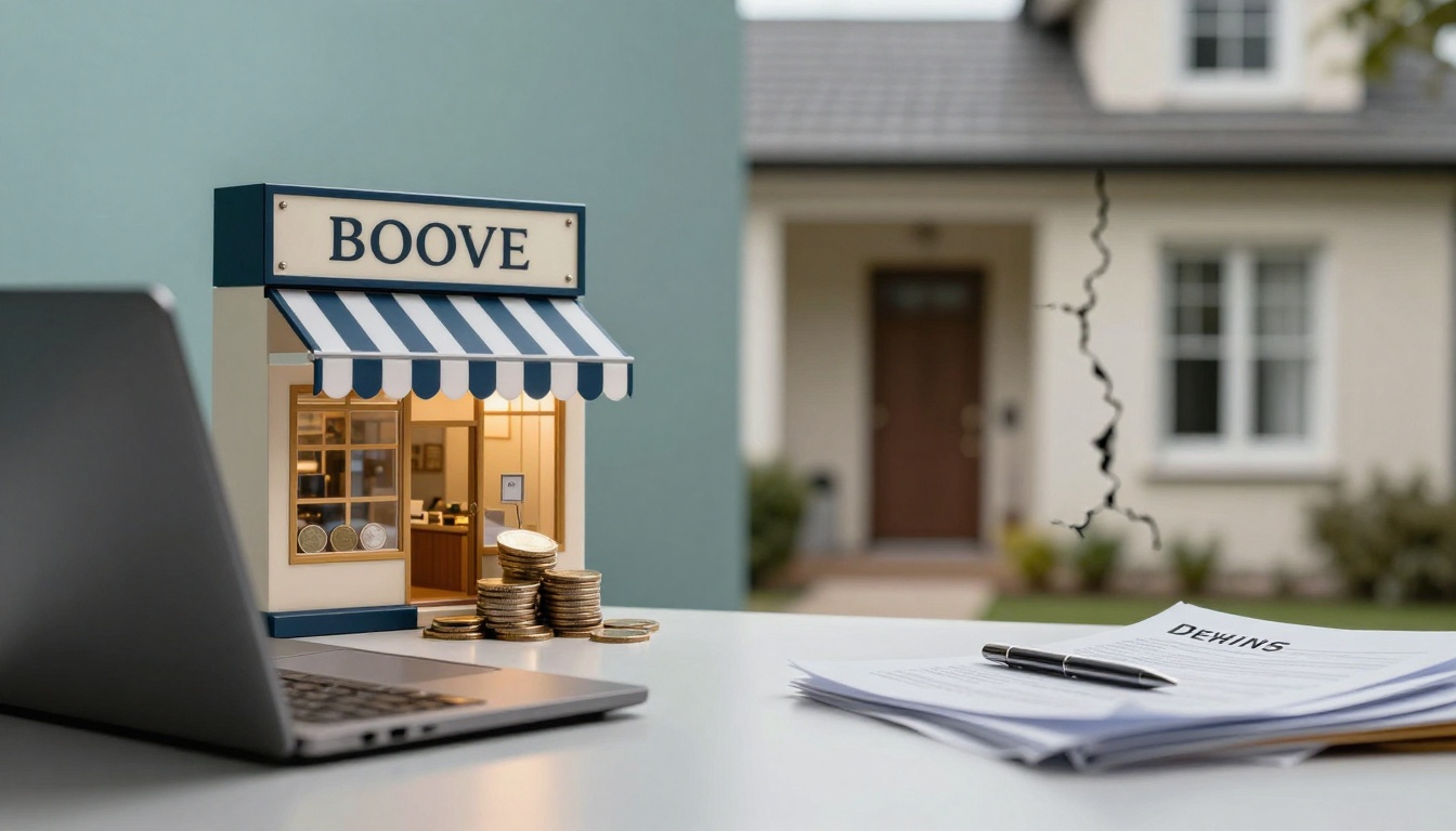 A miniature model of a shop labeled "BOOVE" with a striped awning is on a table. Coins are stacked nearby. A laptop is partially visible on the left. On the right, documents labeled "DEWINS" with a pen are next to the shop model. A blurred house with a visible crack is in the background.