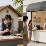A split image: Left, a person outside a house focused on their phone, surrounded by papers on a wooden table. Right, a barista in an apron smiling while serving customers at a coffee shop counter.