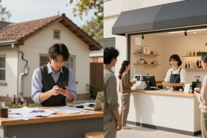 A split image: Left, a person outside a house focused on their phone, surrounded by papers on a wooden table. Right, a barista in an apron smiling while serving customers at a coffee shop counter.