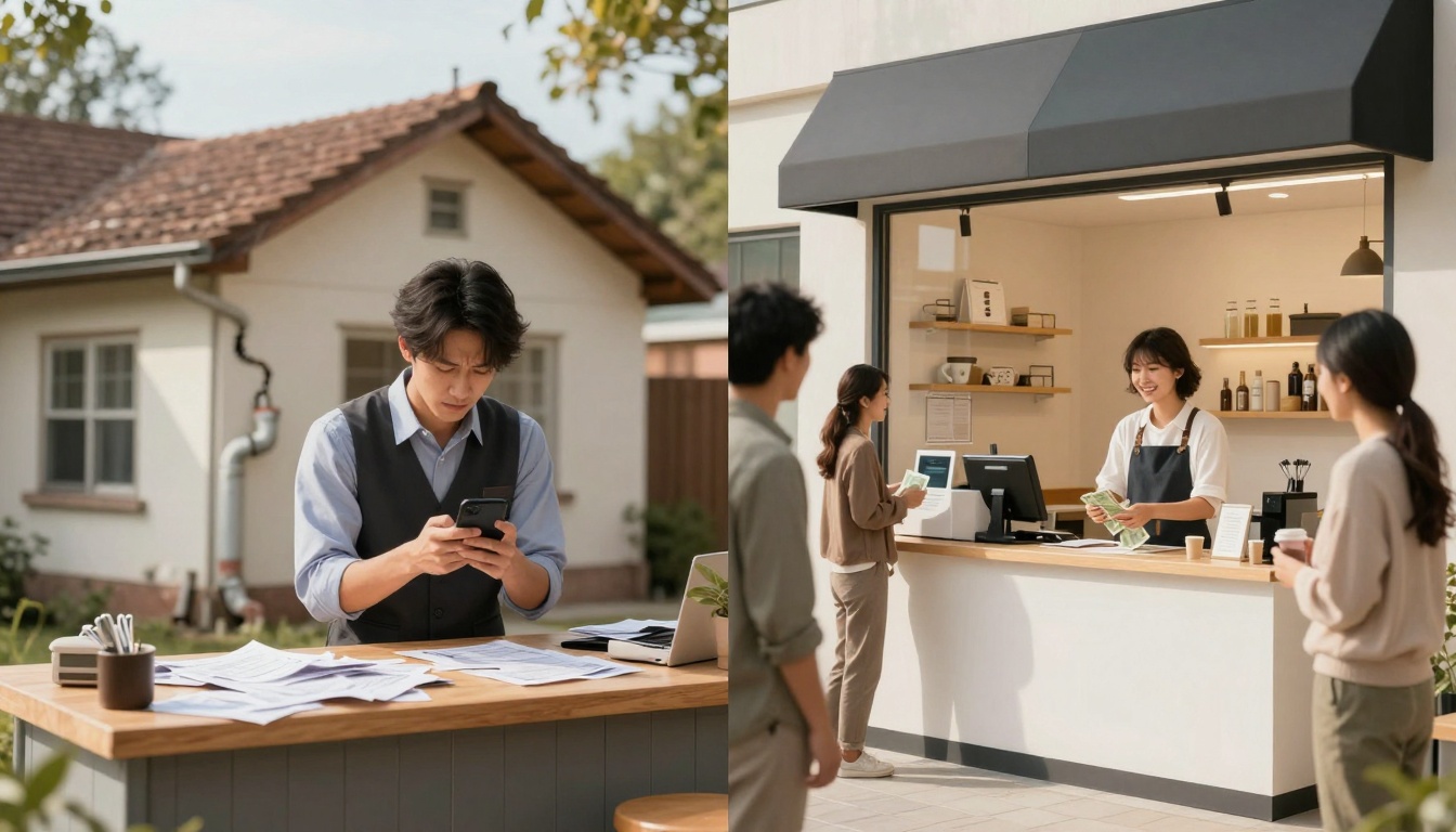 A split image: Left, a person outside a house focused on their phone, surrounded by papers on a wooden table. Right, a barista in an apron smiling while serving customers at a coffee shop counter.