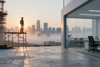 A construction worker stands on scaffolding at sunrise, overlooking a foggy city skyline. Nearby is a modern office with glass walls and empty chairs.