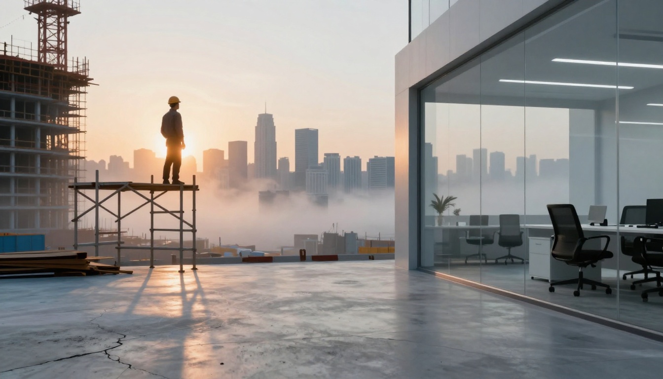A construction worker stands on scaffolding at sunrise, overlooking a foggy city skyline. Nearby is a modern office with glass walls and empty chairs.