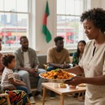 A woman carries a large plate of rice with vegetables and meat in a living room. Several people sit on a couch and chairs, engaged in conversation. The room has large windows, colorful clothing, and flags on the wall.