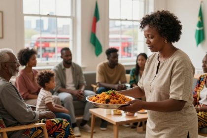 A woman carries a large plate of rice with vegetables and meat in a living room. Several people sit on a couch and chairs, engaged in conversation. The room has large windows, colorful clothing, and flags on the wall.