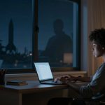 A person with curly hair sits at a desk using a laptop in a dimly lit room at night. A cup with pencils and a stack of books are on the desk. A window shows a silhouette of a rocket outside.