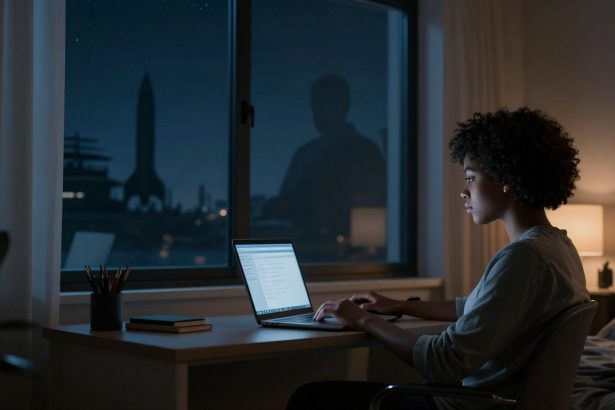 A person with curly hair sits at a desk using a laptop in a dimly lit room at night. A cup with pencils and a stack of books are on the desk. A window shows a silhouette of a rocket outside.