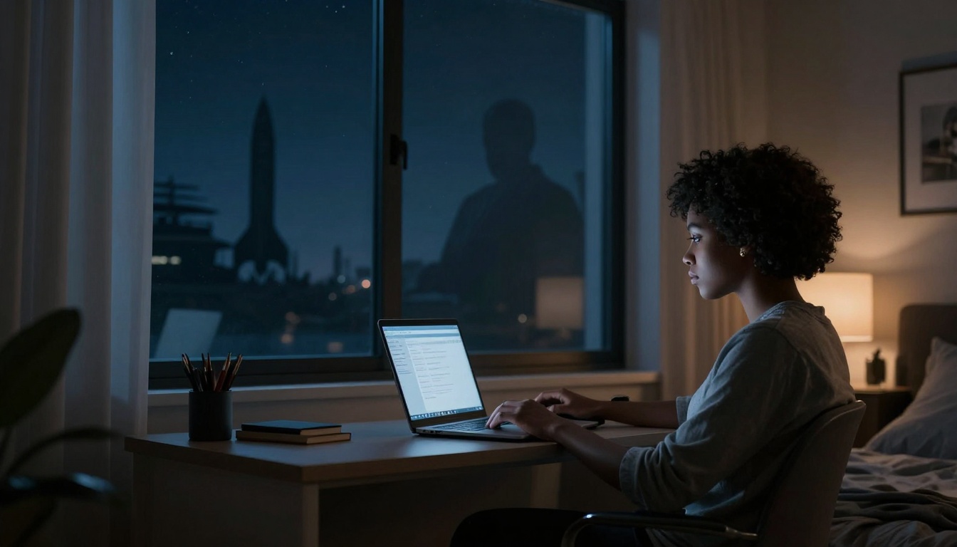 A person with curly hair sits at a desk using a laptop in a dimly lit room at night. A cup with pencils and a stack of books are on the desk. A window shows a silhouette of a rocket outside.