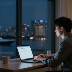 A person sits at a desk using a laptop, with a cityscape and a yacht visible through a large window at night. A lamp and a mug are on the desk.