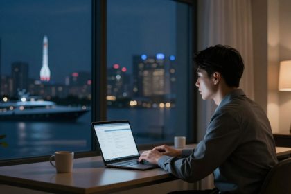 A person sits at a desk using a laptop, with a cityscape and a yacht visible through a large window at night. A lamp and a mug are on the desk.