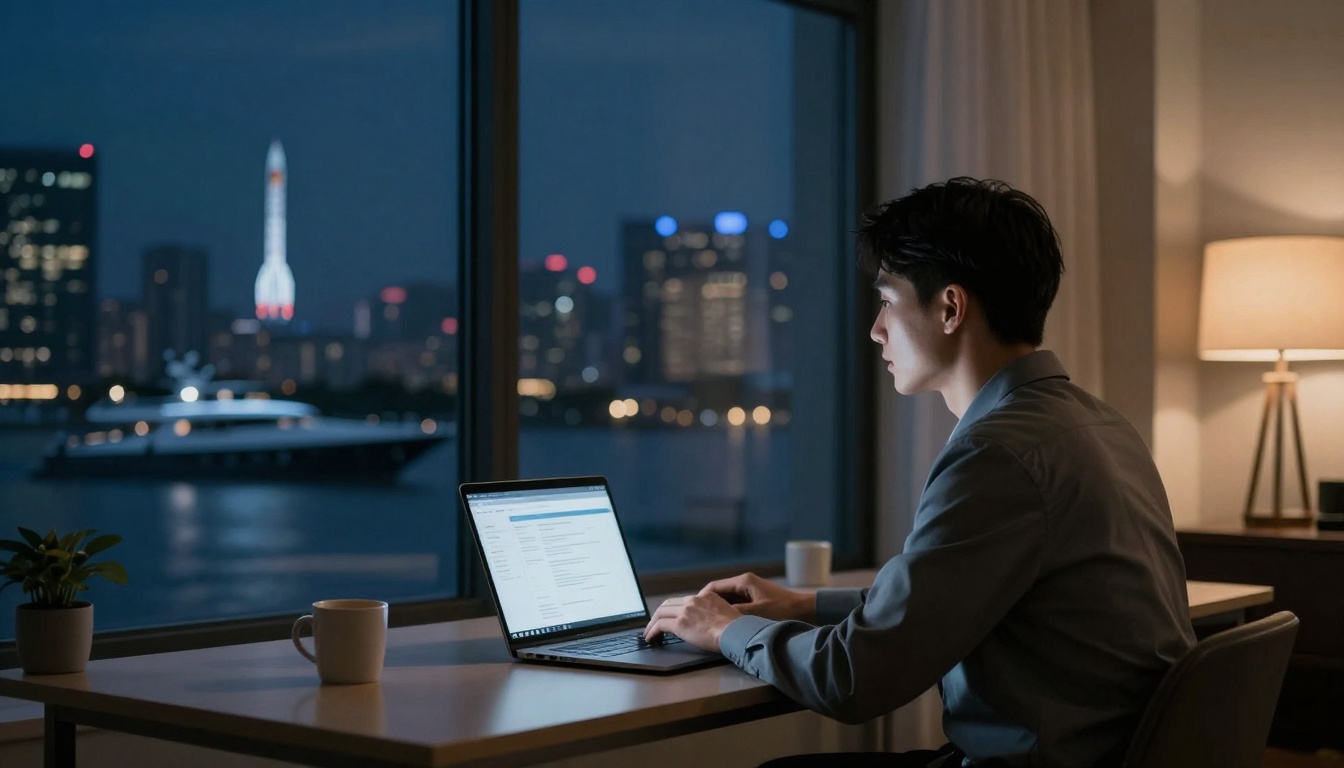 A person sits at a desk using a laptop, with a cityscape and a yacht visible through a large window at night. A lamp and a mug are on the desk.
