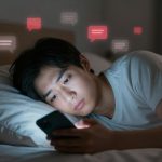 A person lying in bed at night, illuminated by a smartphone. They appear thoughtful, with red and gray chat bubbles above, indicating messages.