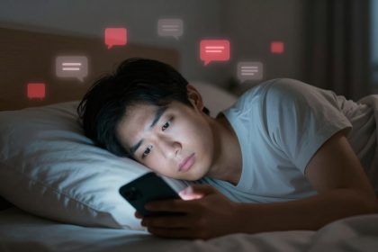 A person lying in bed at night, illuminated by a smartphone. They appear thoughtful, with red and gray chat bubbles above, indicating messages.
