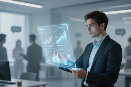 A man in a suit interacts with a holographic display showing graphs and charts in a modern office. Colleagues are blurred in the background.