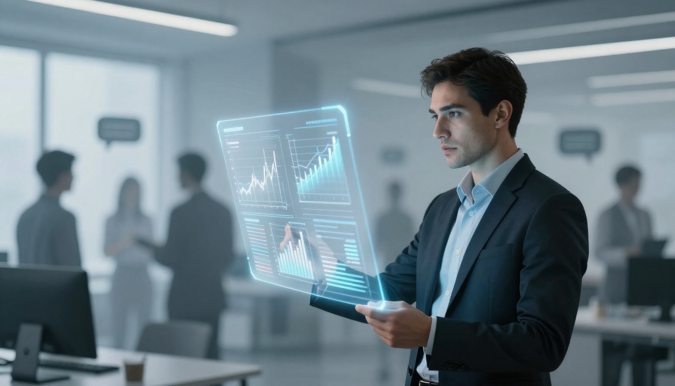 A man in a suit interacts with a holographic display showing graphs and charts in a modern office. Colleagues are blurred in the background.