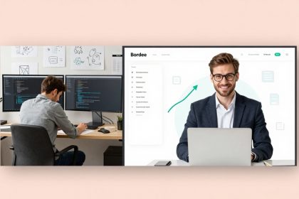 On the left, a man in a gray shirt works at a desk with dual monitors displaying code. On the right, another man in a suit smiles at a laptop with a graphic interface displayed behind him.