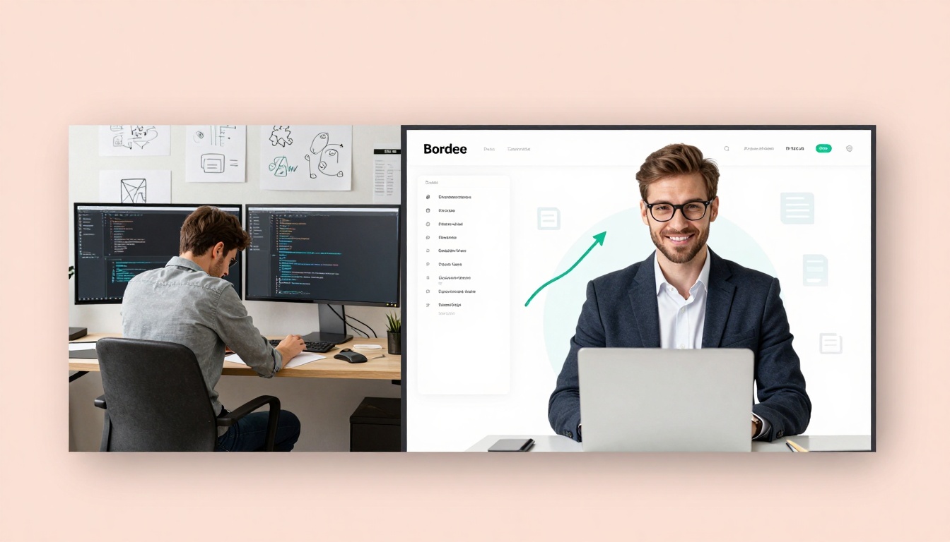 On the left, a man in a gray shirt works at a desk with dual monitors displaying code. On the right, another man in a suit smiles at a laptop with a graphic interface displayed behind him.