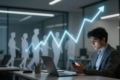 A man in a suit sits at a desk in an office, focused on his smartphone. A laptop and colored pencils are on the desk. A glowing upward-trending graph is overlaid, with silhouettes of people in the background.