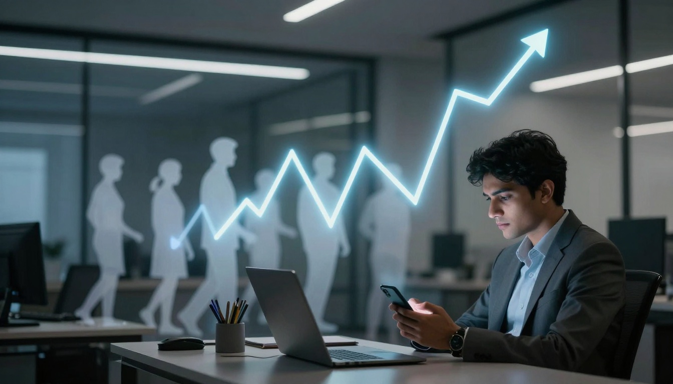 A man in a suit sits at a desk in an office, focused on his smartphone. A laptop and colored pencils are on the desk. A glowing upward-trending graph is overlaid, with silhouettes of people in the background.
