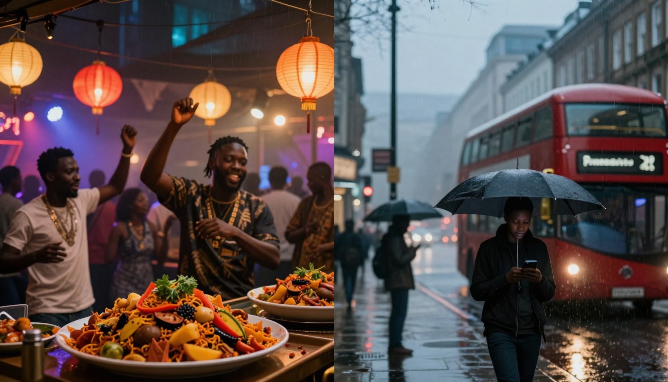 The image is split into two scenes. On the left, a lively indoor party with people dancing under colorful hanging lanterns, with a table of vibrant dishes in the foreground. On the right, a rainy city street with a person holding an umbrella and looking at their phone, while a red double-decker bus passes by.