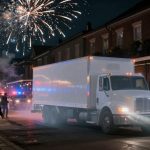 A white truck drives down a street at night, surrounded by onlookers and police vehicles with flashing lights. Fireworks explode in the sky above, and buildings are lit with colorful lights.