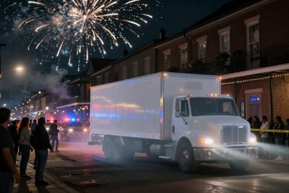A white truck drives down a street at night, surrounded by onlookers and police vehicles with flashing lights. Fireworks explode in the sky above, and buildings are lit with colorful lights.