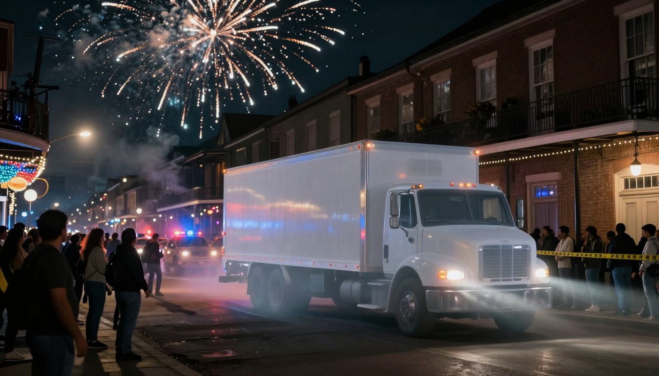 A white truck drives down a street at night, surrounded by onlookers and police vehicles with flashing lights. Fireworks explode in the sky above, and buildings are lit with colorful lights.