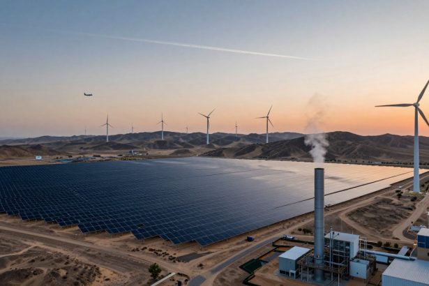 Aerial view of a large solar panel array and multiple wind turbines in a desert landscape at sunset. A plane flies overhead, and a factory with a smoking chimney is visible in the foreground. Hills are in the background.