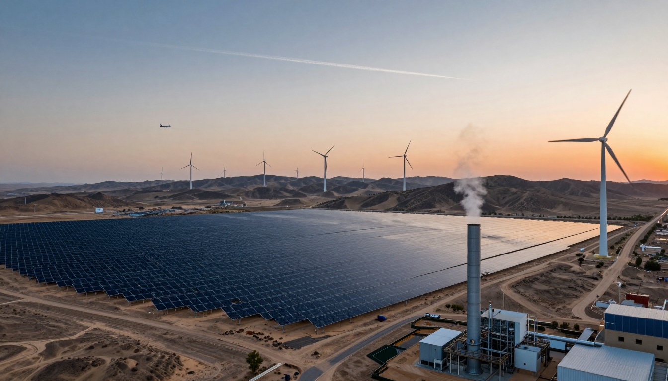 Aerial view of a large solar panel array and multiple wind turbines in a desert landscape at sunset. A plane flies overhead, and a factory with a smoking chimney is visible in the foreground. Hills are in the background.