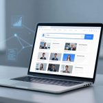 A laptop on a desk displaying a profile search interface with multiple headshots and names. Digital icons float around: a graph, gears, and a magnifying glass. A plant is blurred in the background.