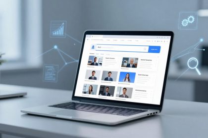 A laptop on a desk displaying a profile search interface with multiple headshots and names. Digital icons float around: a graph, gears, and a magnifying glass. A plant is blurred in the background.