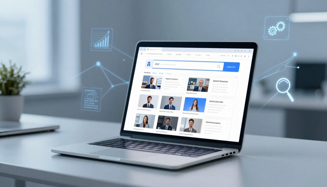 A laptop on a desk displaying a profile search interface with multiple headshots and names. Digital icons float around: a graph, gears, and a magnifying glass. A plant is blurred in the background.