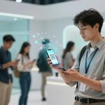 A person in a light gray shirt is looking at a smartphone displaying a QR code in a tech store. Digital graphics suggest connectivity. Other people in the background are also using smartphones.
