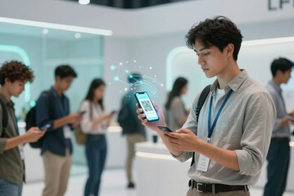 A person in a light gray shirt is looking at a smartphone displaying a QR code in a tech store. Digital graphics suggest connectivity. Other people in the background are also using smartphones.