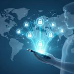 A translucent figure holds a smartphone emitting blue lines connecting to padlock icons. A world map is in the background, suggesting global digital security.