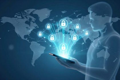 A translucent figure holds a smartphone emitting blue lines connecting to padlock icons. A world map is in the background, suggesting global digital security.