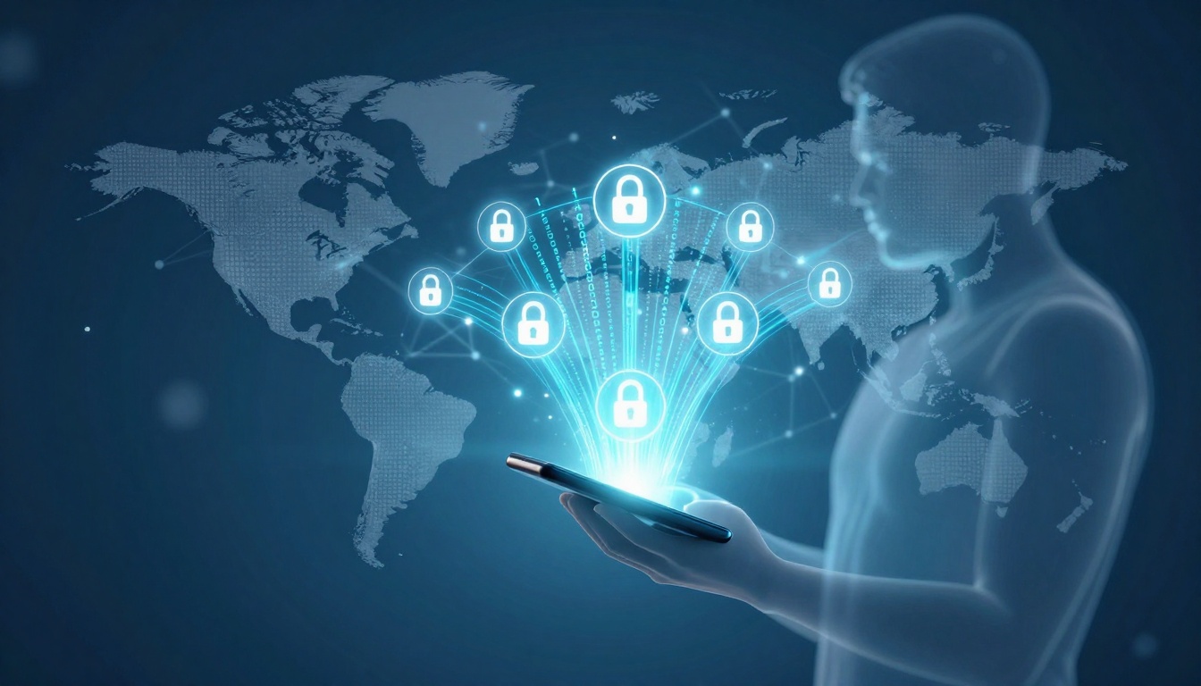A translucent figure holds a smartphone emitting blue lines connecting to padlock icons. A world map is in the background, suggesting global digital security.