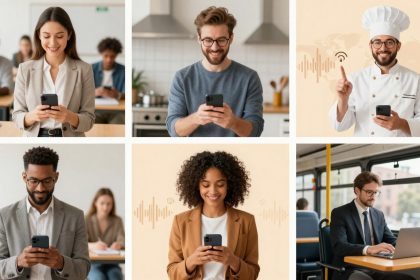 Collage of six images: Top left, a woman in a beige blazer using a smartphone in a classroom. Top center, a man in a gray shirt using a smartphone in a kitchen. Top right, a chef with glasses and a white hat holding a smartphone, pointing upward with icons behind. Bottom left, a man in a gray suit using a smartphone in a classroom. Bottom center, a woman in a brown blazer smiling at her smartphone with icons behind. Bottom right, a man in a suit working on a laptop on a bus.