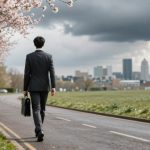 A man in a suit walks along a curved road lined with cherry blossom trees, carrying a briefcase. A cityscape and dark clouds are in the background.